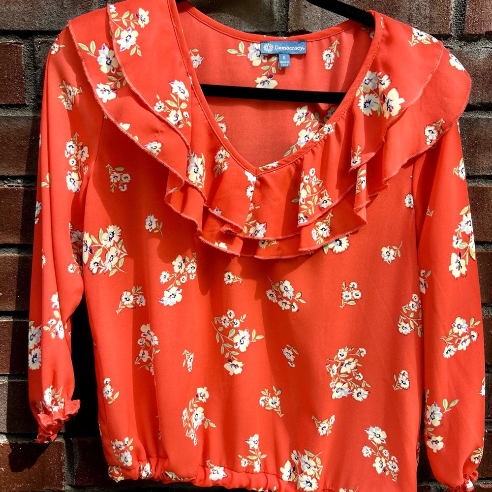 Democracy Orange Ruffled Bib Collar Blouse